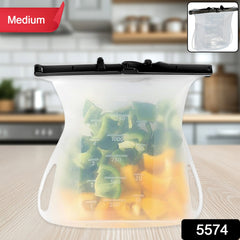 Reusable silicone food storage bag shown flat
