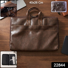 Front view of stylish leather briefcase with zipper closure and padded laptop compartment