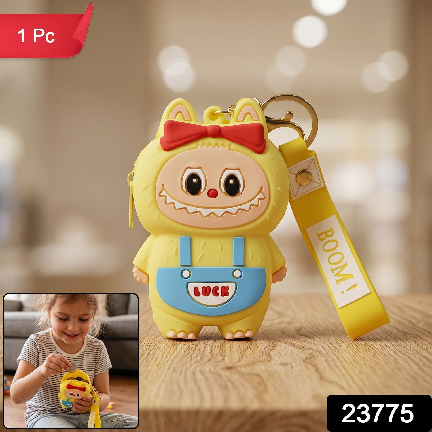 Mini silicone coin pouch with playful cartoon character and detachable keychain