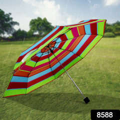 Compact travel umbrella showing handle and folding mechanism