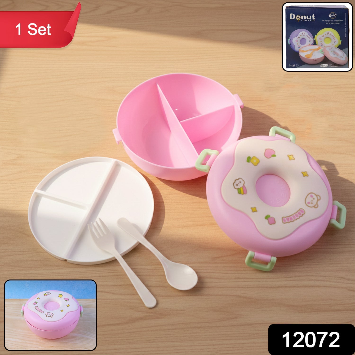 Close-up of Donut Lunch Box with 3 compartments & included spoon