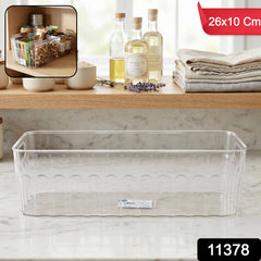 Open-top rectangular storage basket for pantry and kitchen appliances.