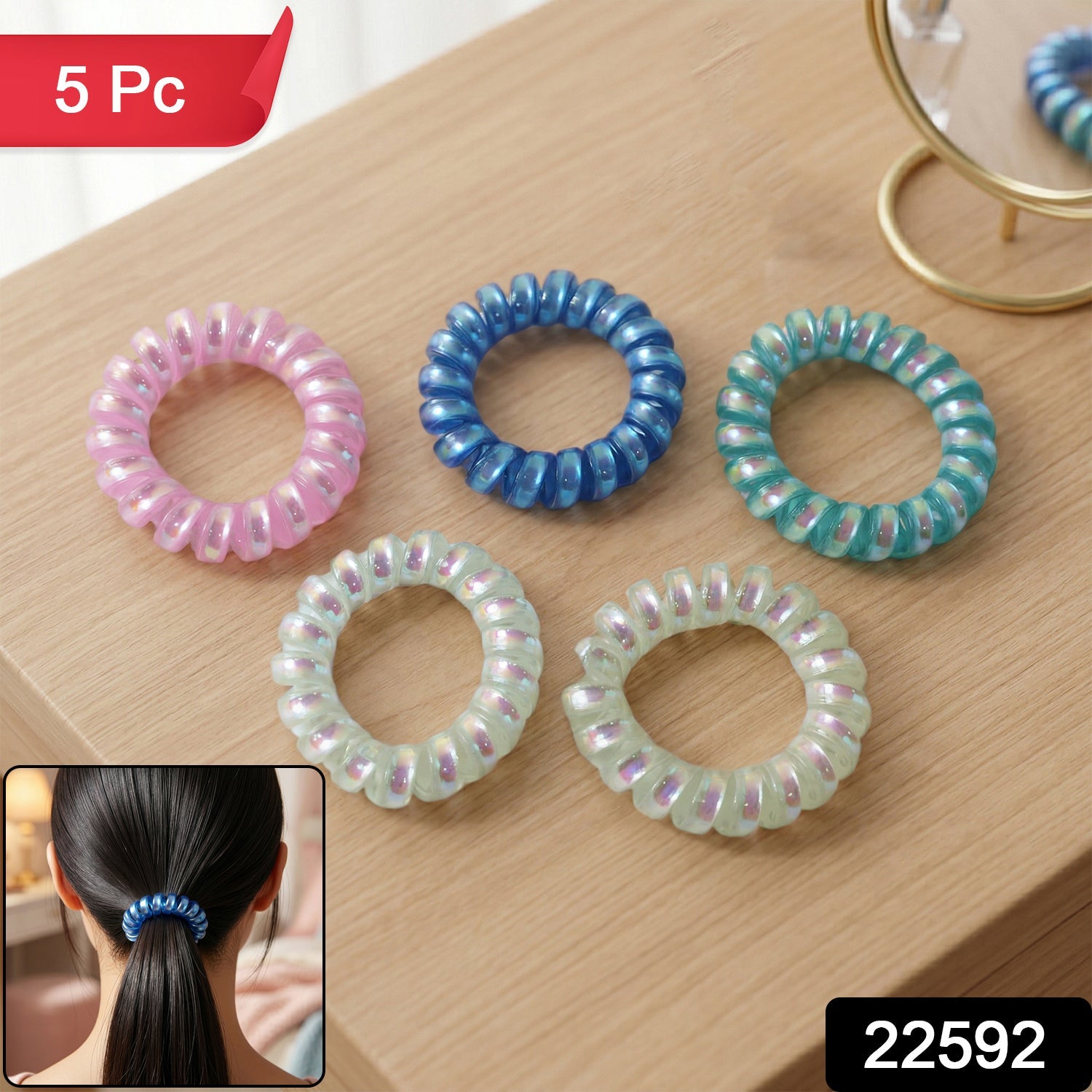 Soft Stretchable Telephone Wire Style Hair Bands Set (5 Pc, Mix Color)