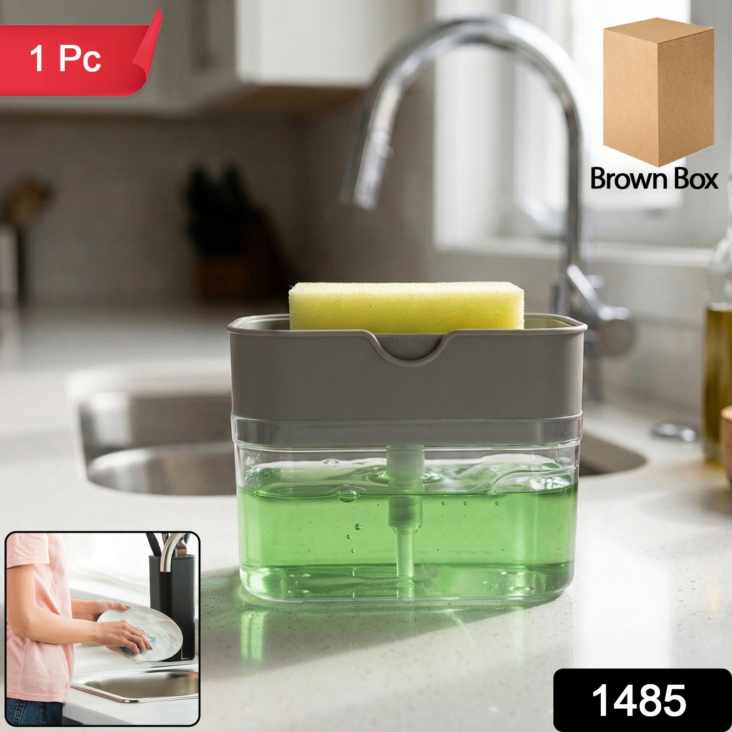 Close-up of soap dispenser pump and sponge holder