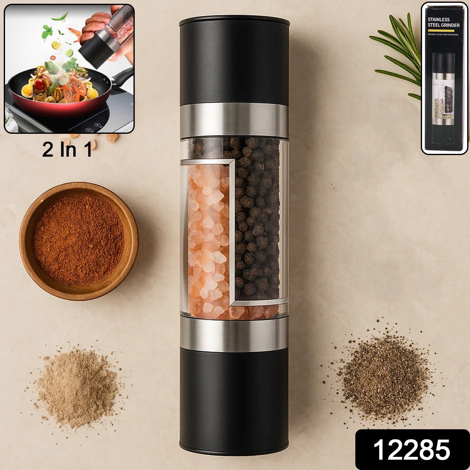 Close-up of dual chamber salt and pepper grinder