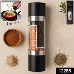 Close-up of dual chamber salt and pepper grinder