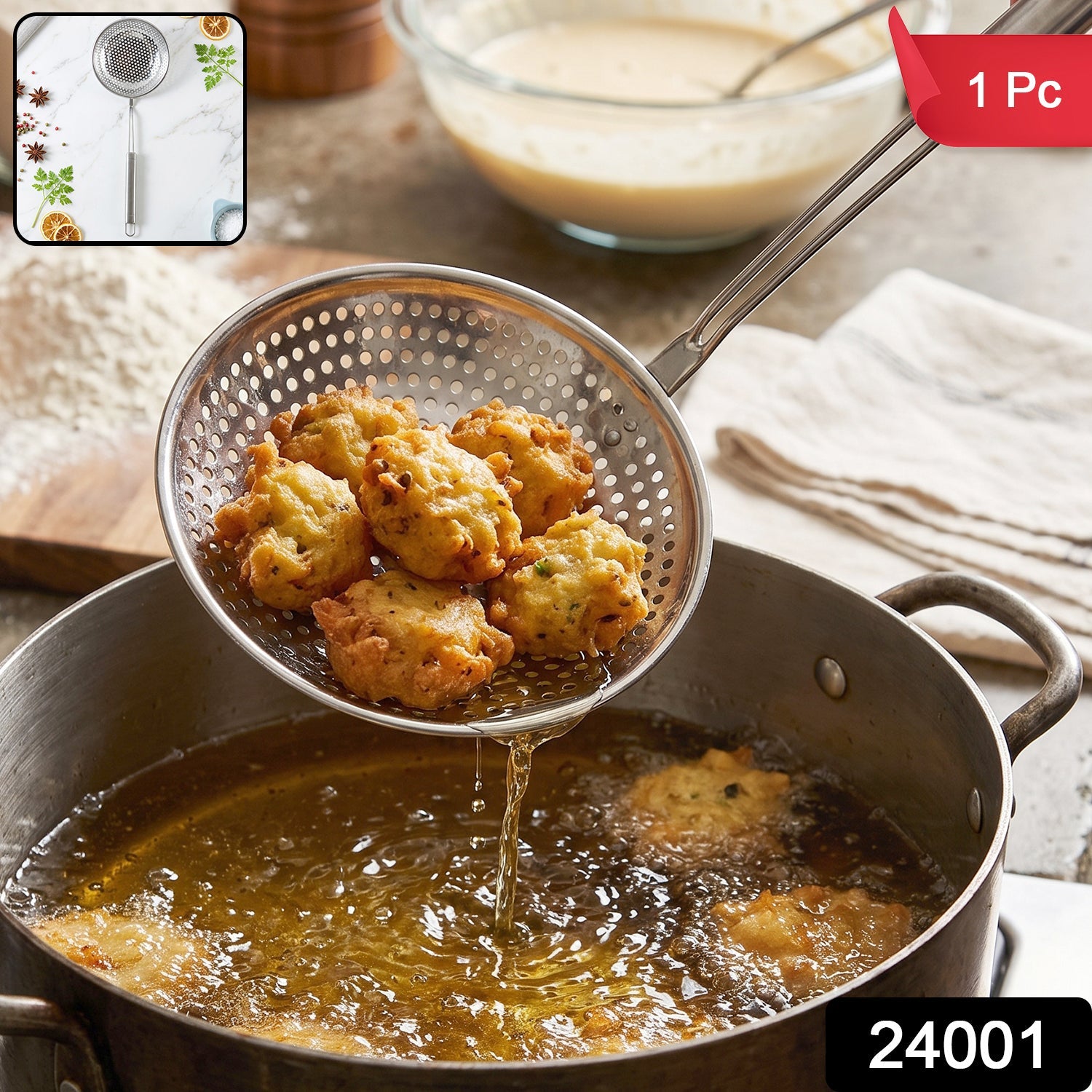 Stainless Steel Frying Strainer Skimmer Spoon with Long Handle (1 Pc)