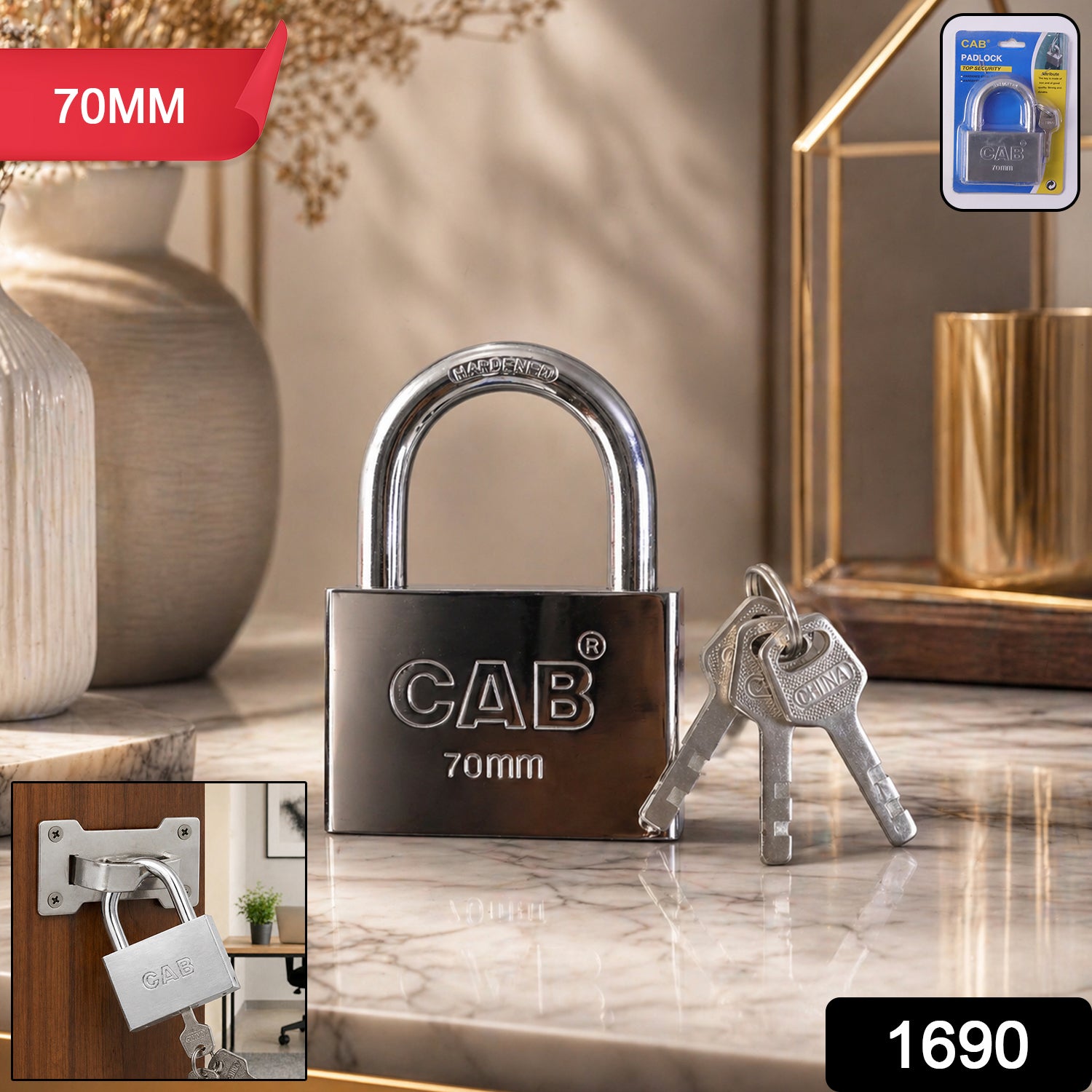 Heavy Steel Premium Square Padlock 70mm With 3 Keys