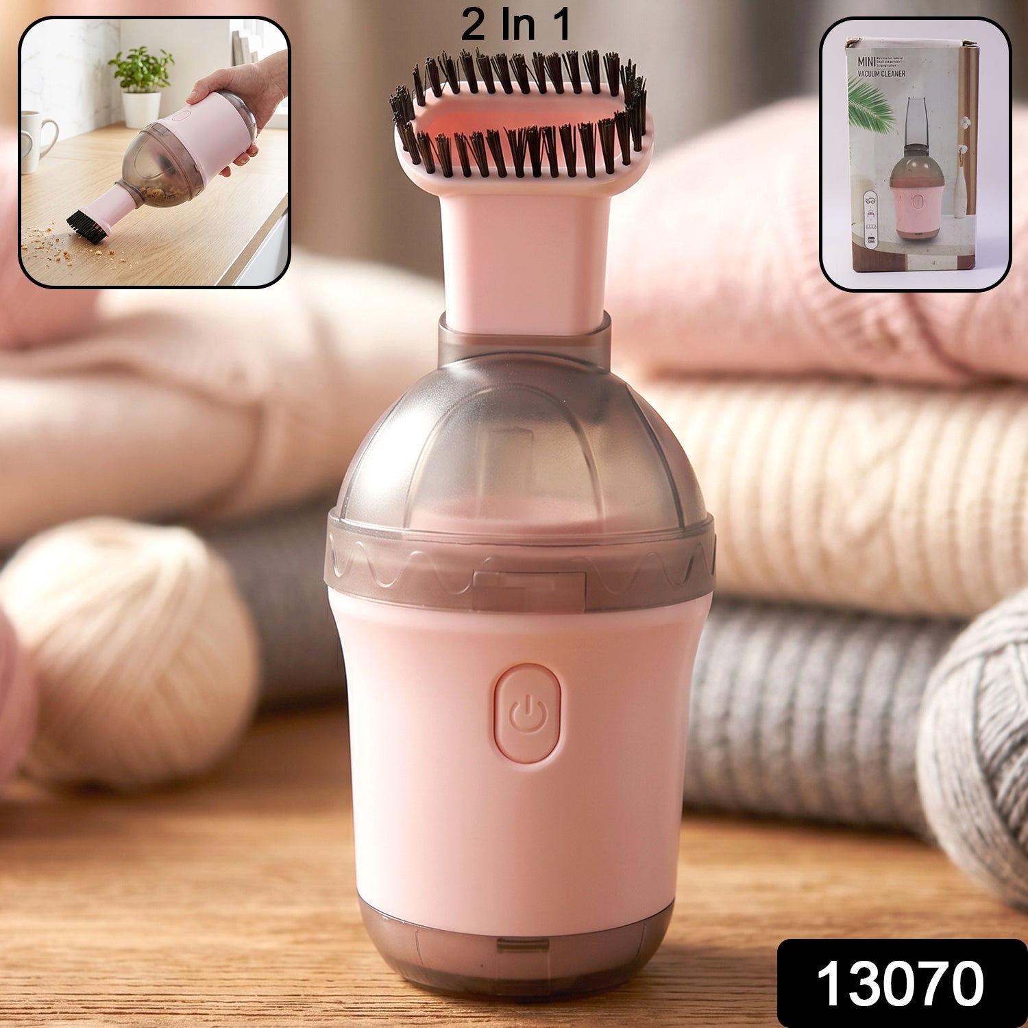 Portable mini vacuum cleaner showing brush attachment