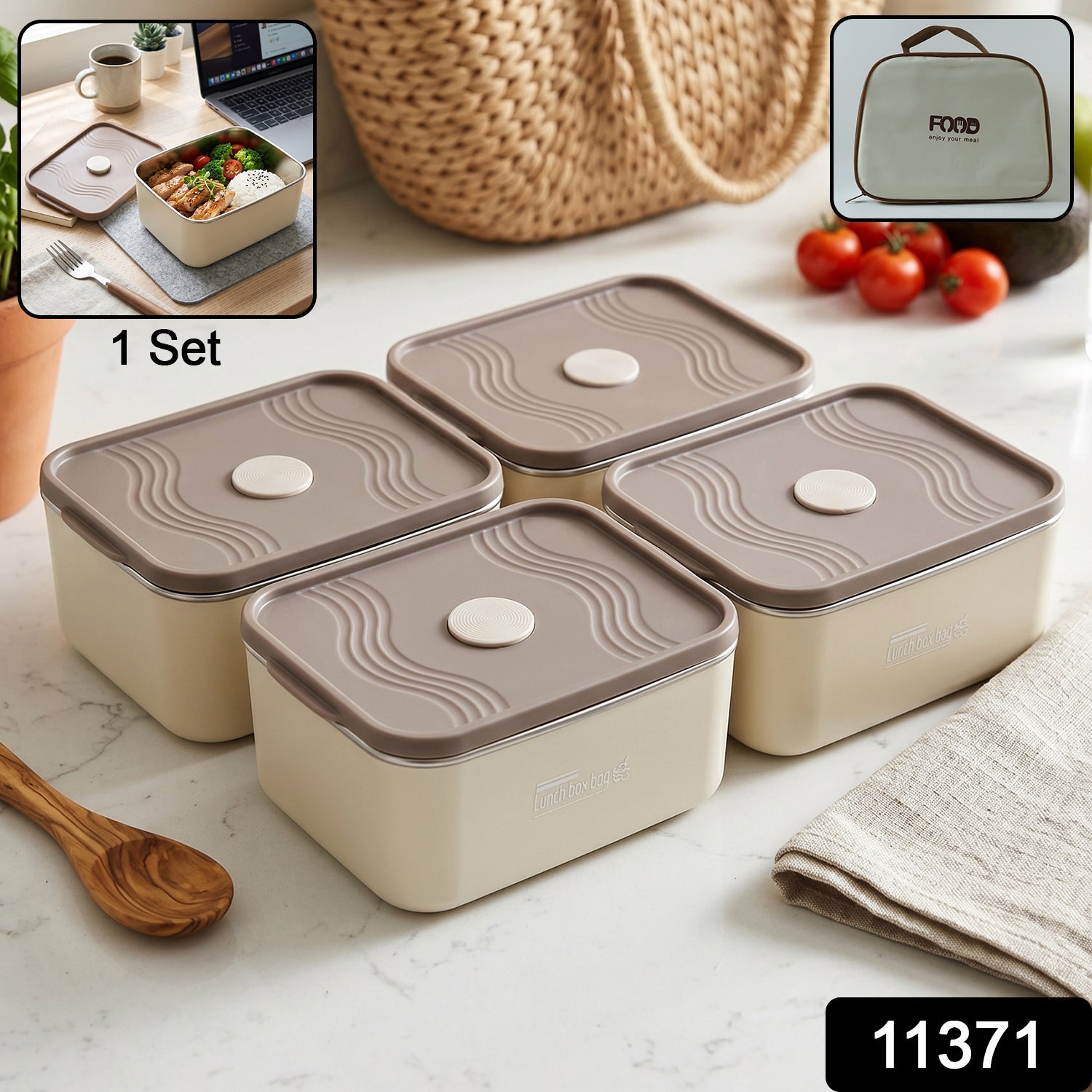 Close-up of leak-resistant food containers and insulated lunch bag in beige and brown