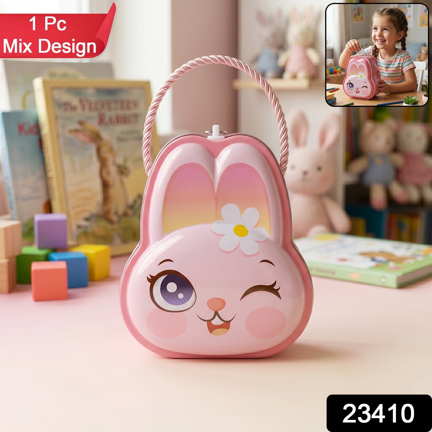 Cute Bunny-Shaped Metal Piggy Bank with Lock & Key – 1 Pc, Mix Design