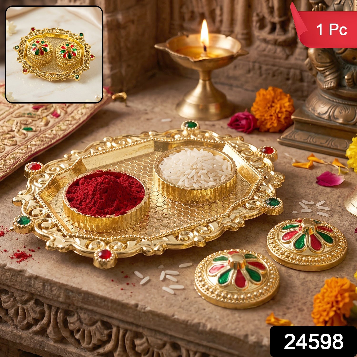 Decorative Golden Kankavati Kumkum Holder with Meenakari Lids (1 Pc)