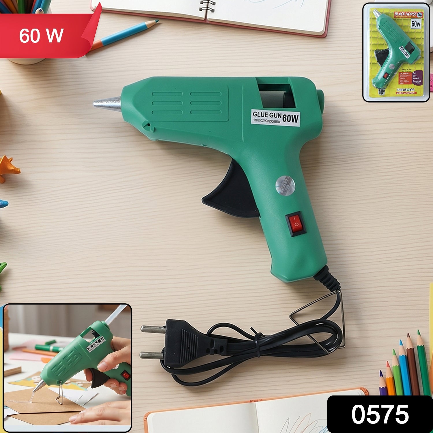 Side view of the green 60 Watt hot melt glue gun showing the trigger mechanism and ergonomic design.