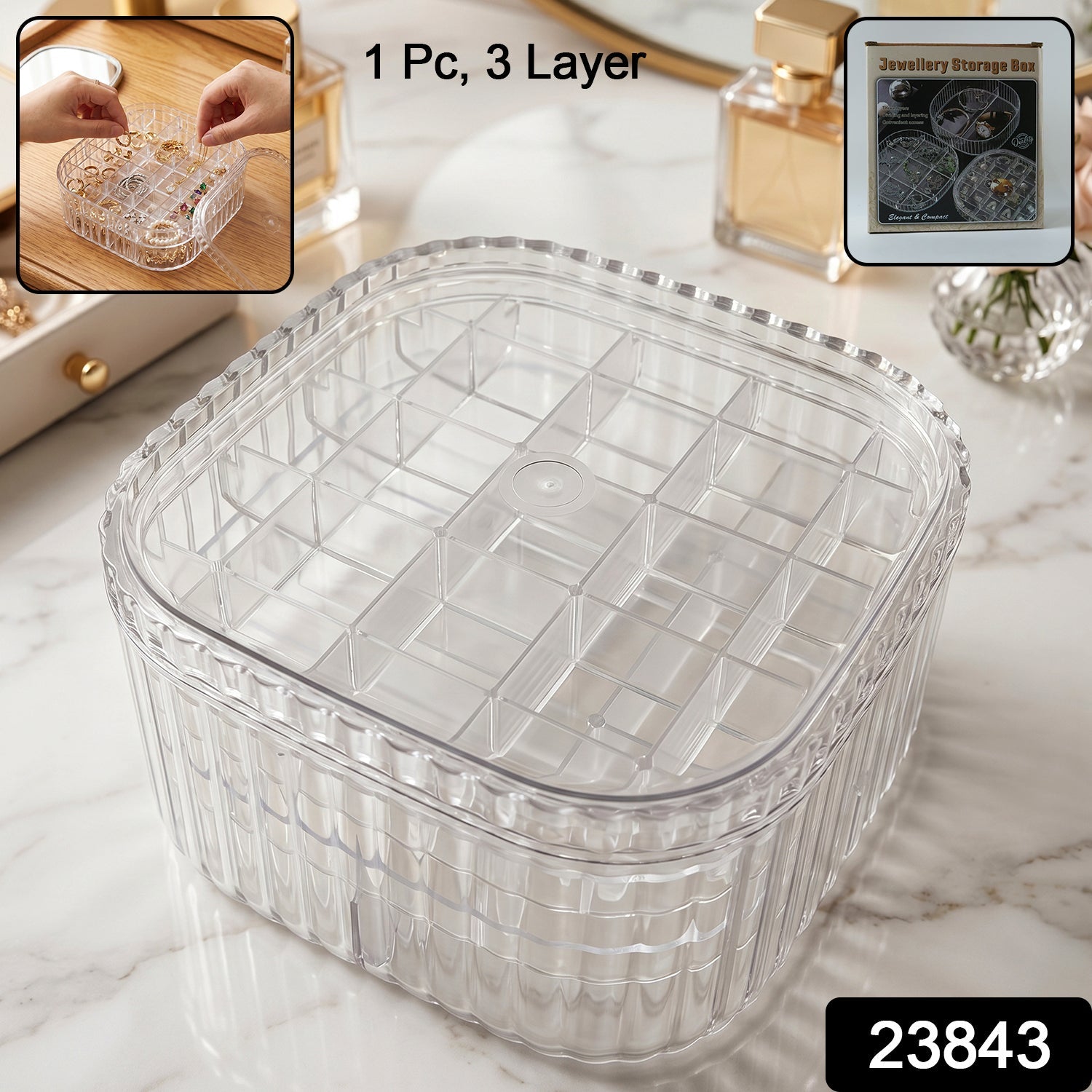 Transparent Jewellery Storage Box 3 Layer Multi Compartment Organizer (1 Pc)