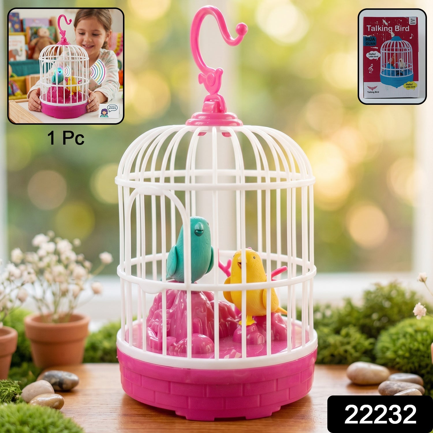 Kids interacting with a bright, colorful talking bird cage toy, perfect for age 3 and above.