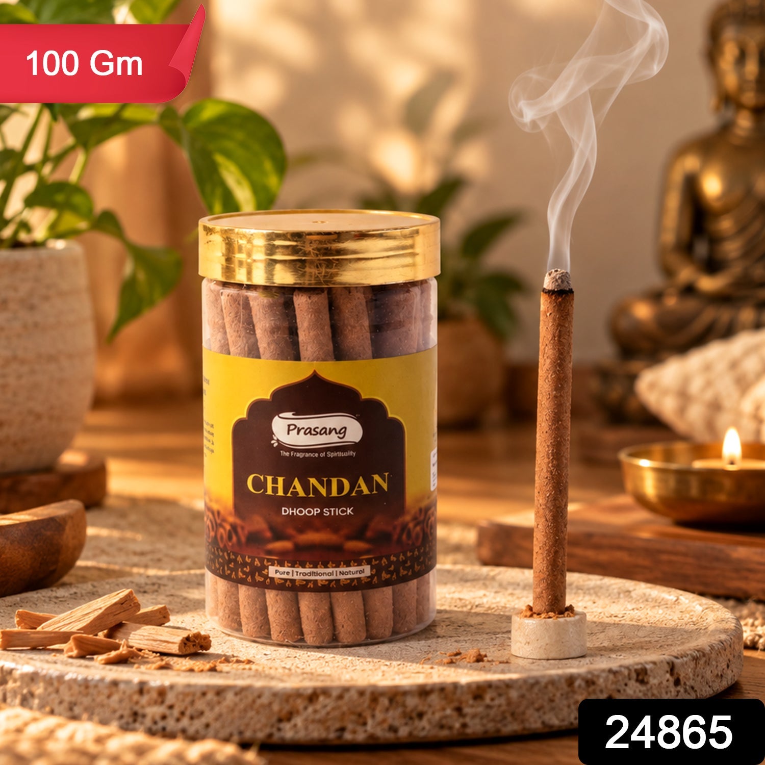A smoking dhoop stick stands beside a clear jar of brown incense, with a Buddha statue in background.