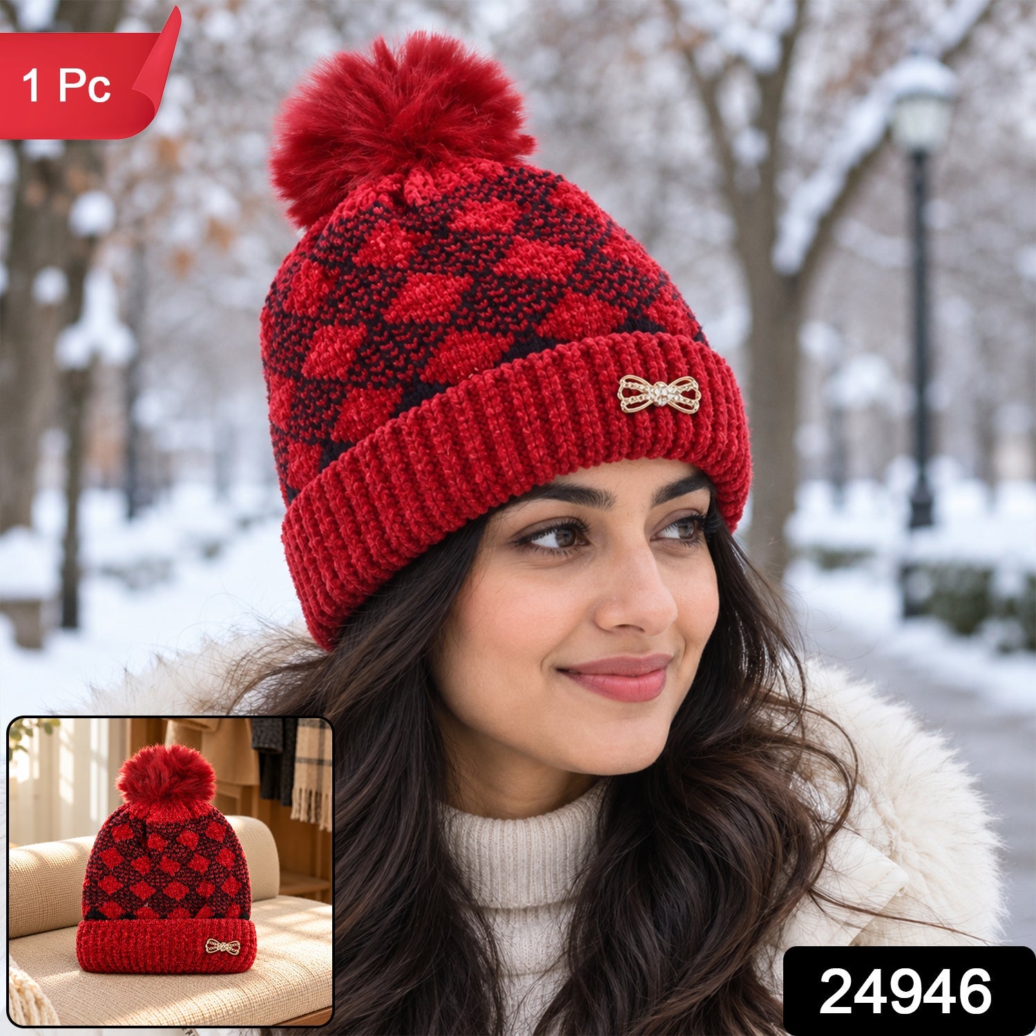 A woman wears the red and black patterned beanie in a snowy outdoor scene, with a small inset showing the beanie.