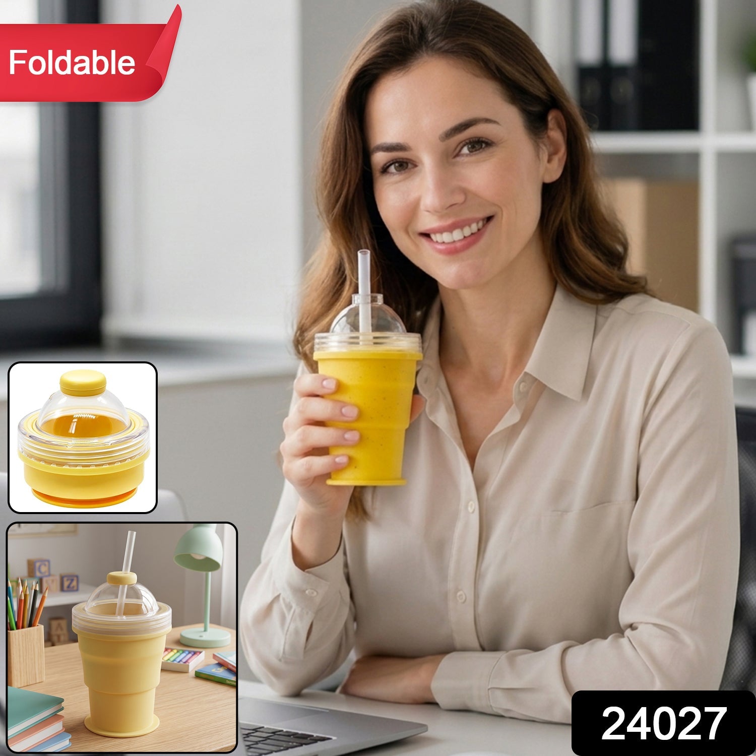 Silicone Foldable Collapsible Travel Cup with Straw and Dome Lid (1 Pc)