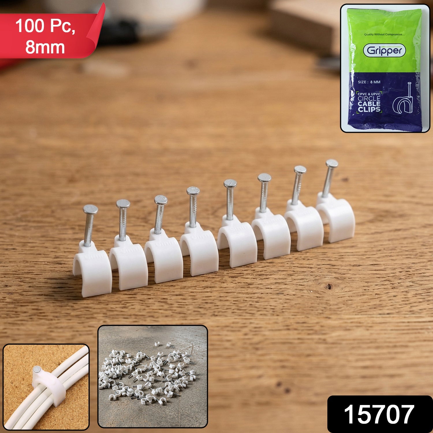 Heavy Duty Plastic Cable Clip with Steel Nail (100 Pc, 8mm)