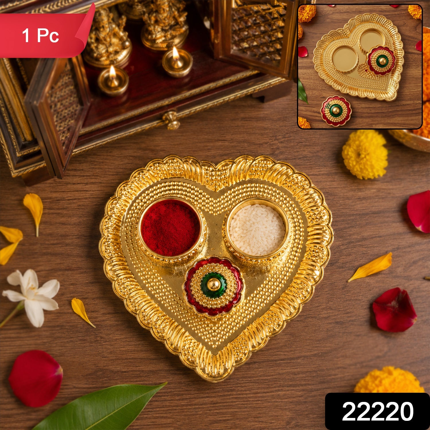 Decorative meenakari floral lid on golden kumkum holder ideal for traditional puja