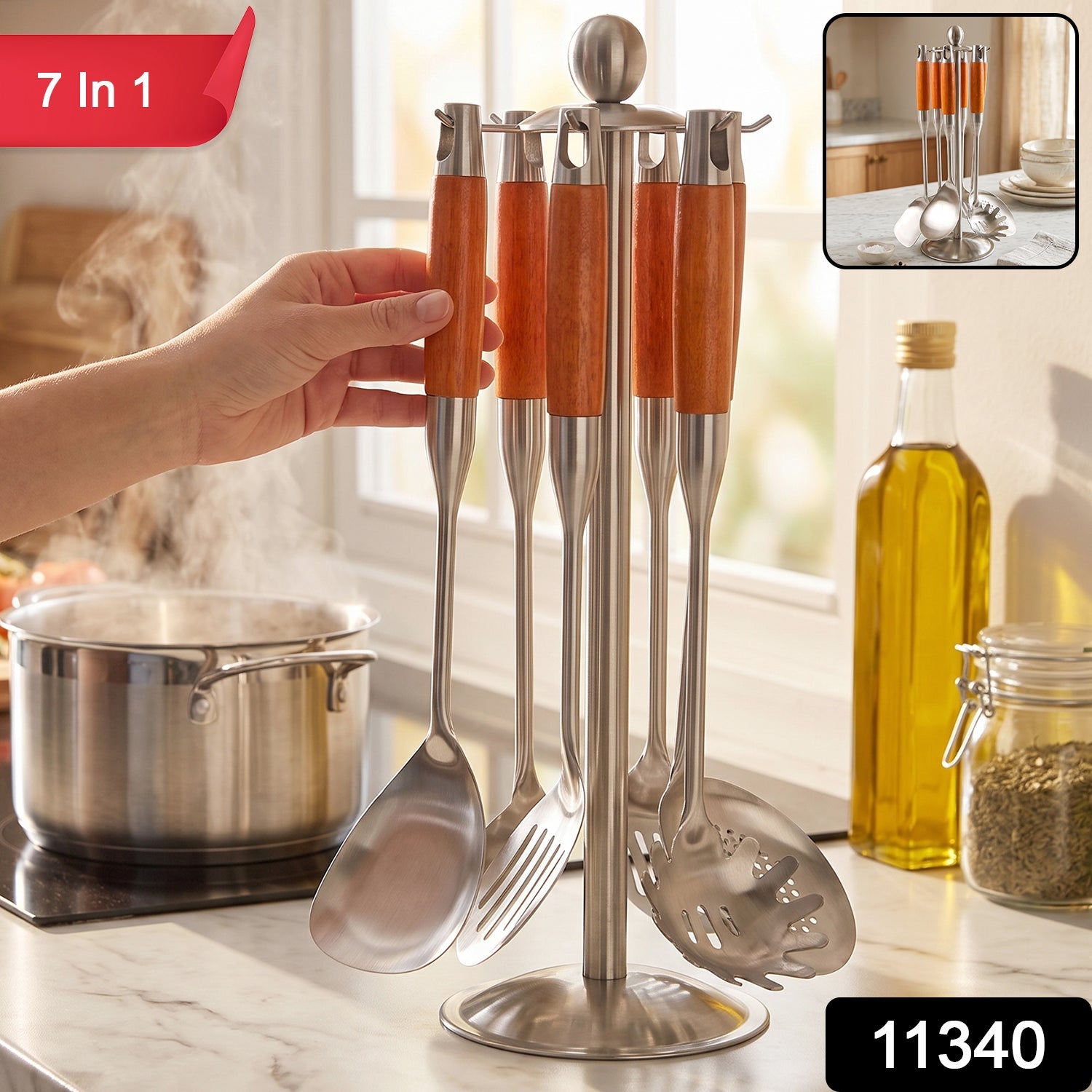 Seven piece kitchen utensil set with holder stand, 1 set