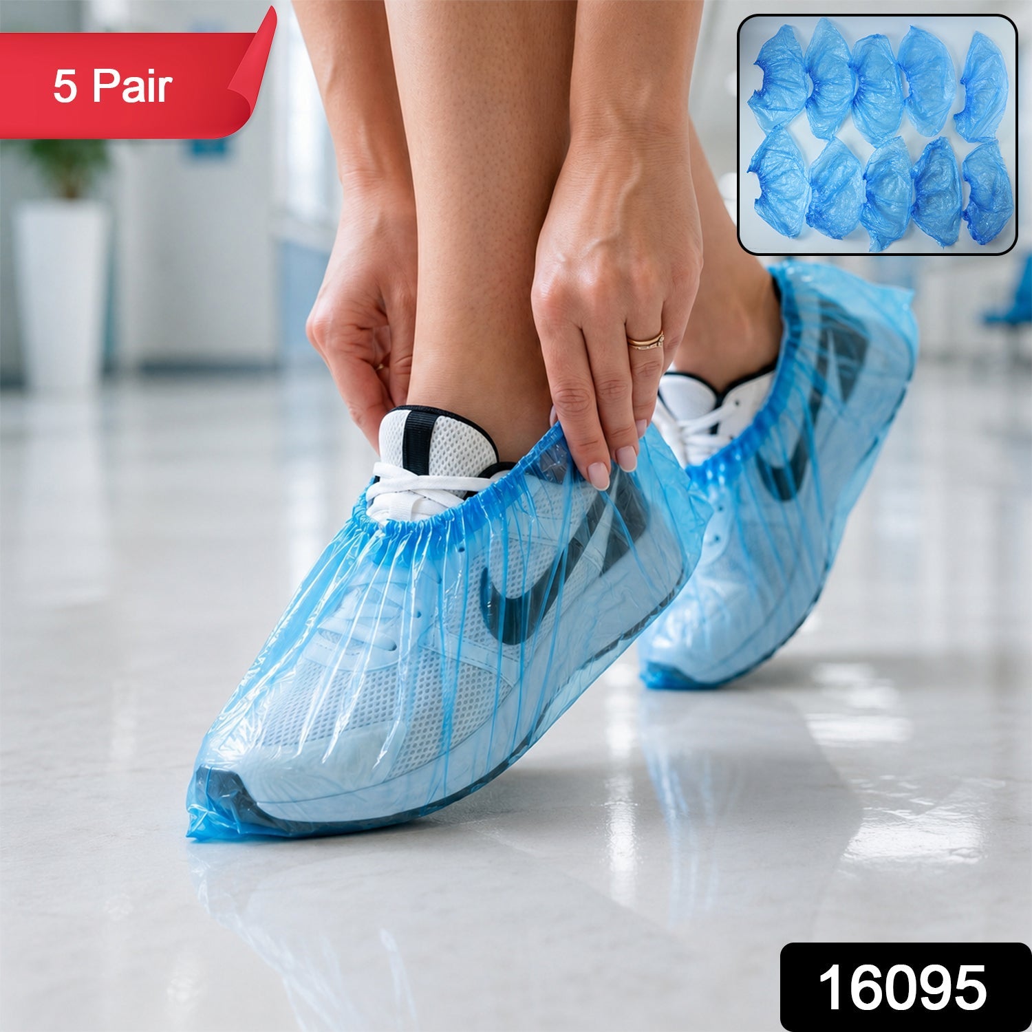 Disposable Plastic Shoe Cover Set with Elastic Fit (5 Pair Set)