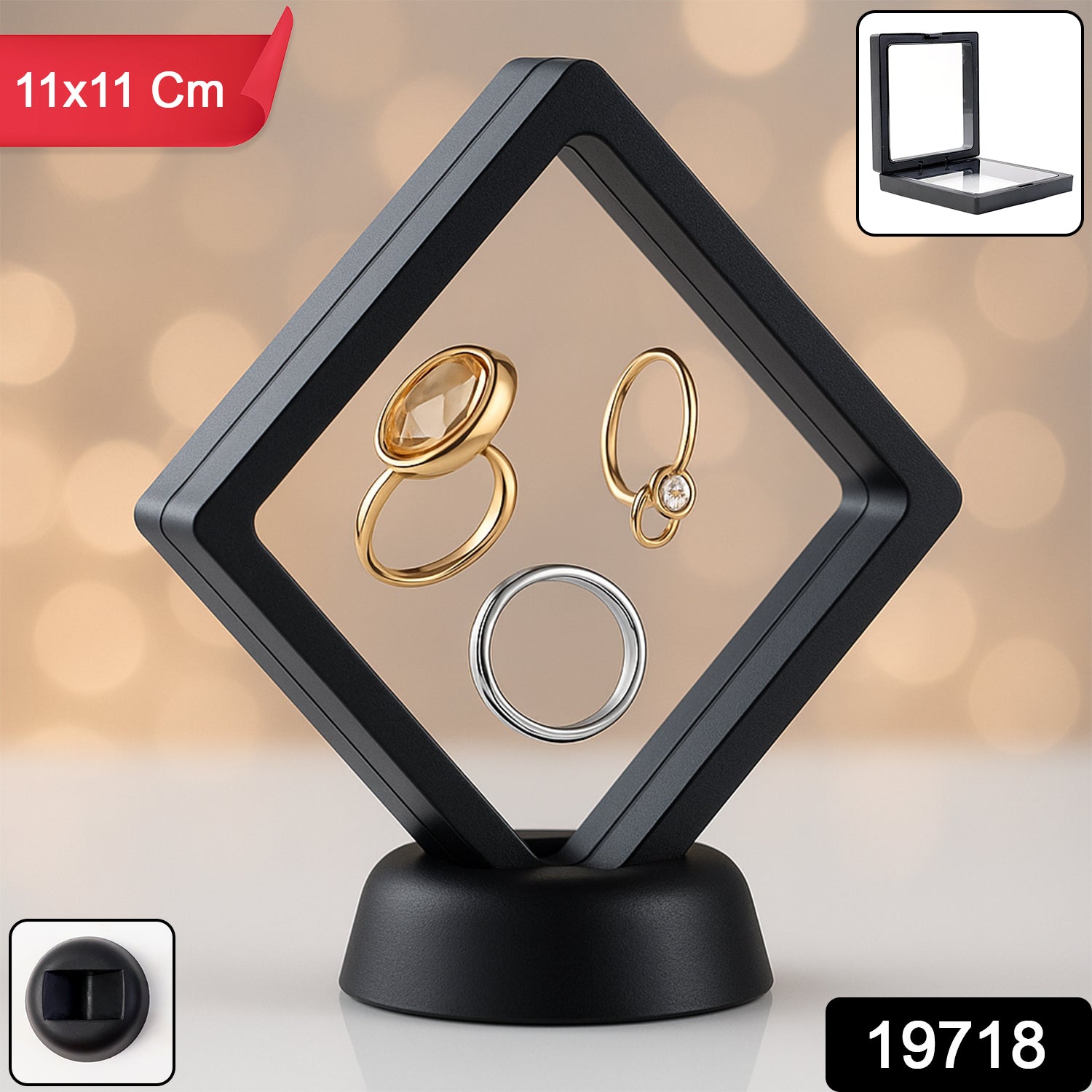 Side view of transparent magnetic jewellery display box showing detachable base