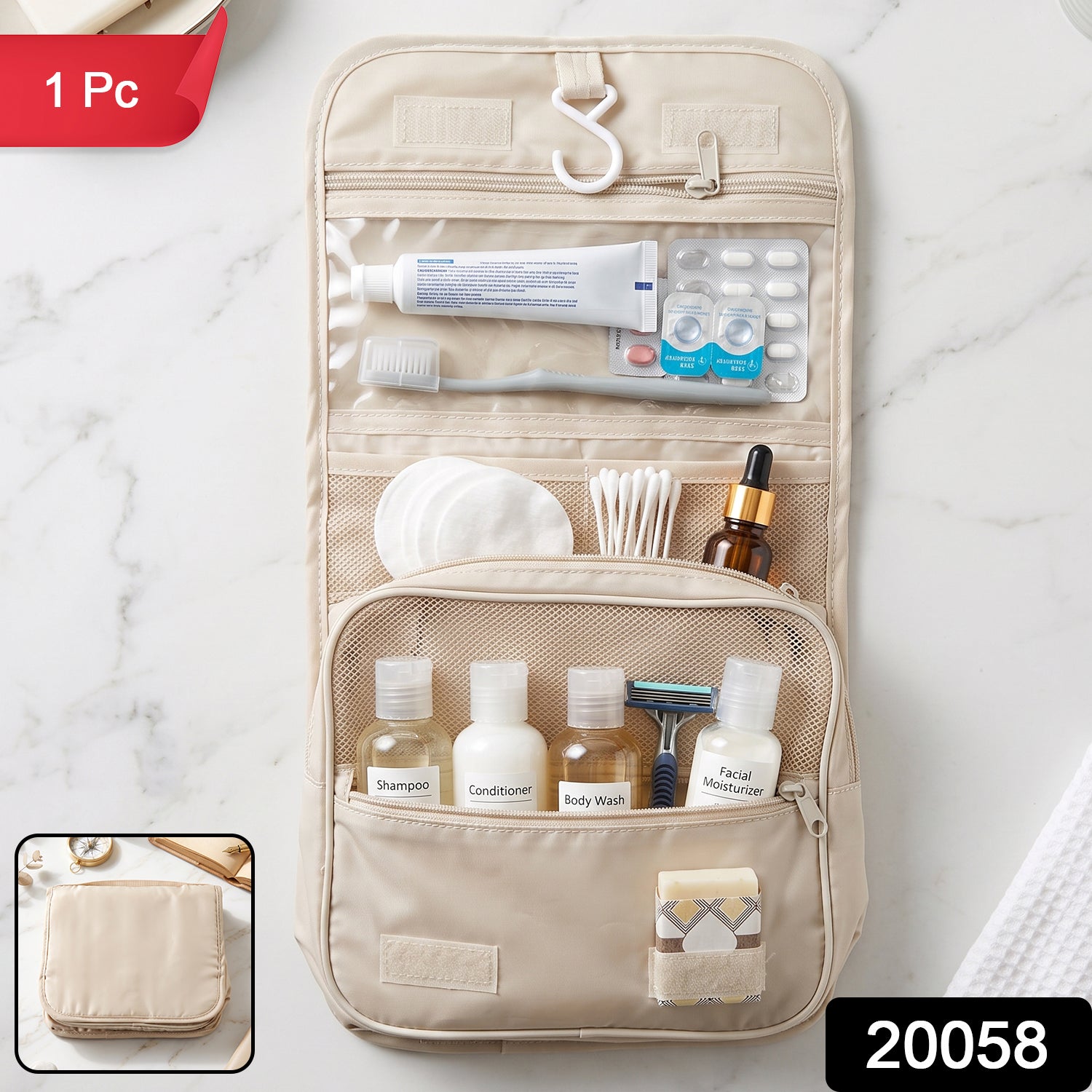 A beige hanging toiletry bag with various toiletries, including a toothbrush, toothpaste, and small bottles, with '1 Pc'
