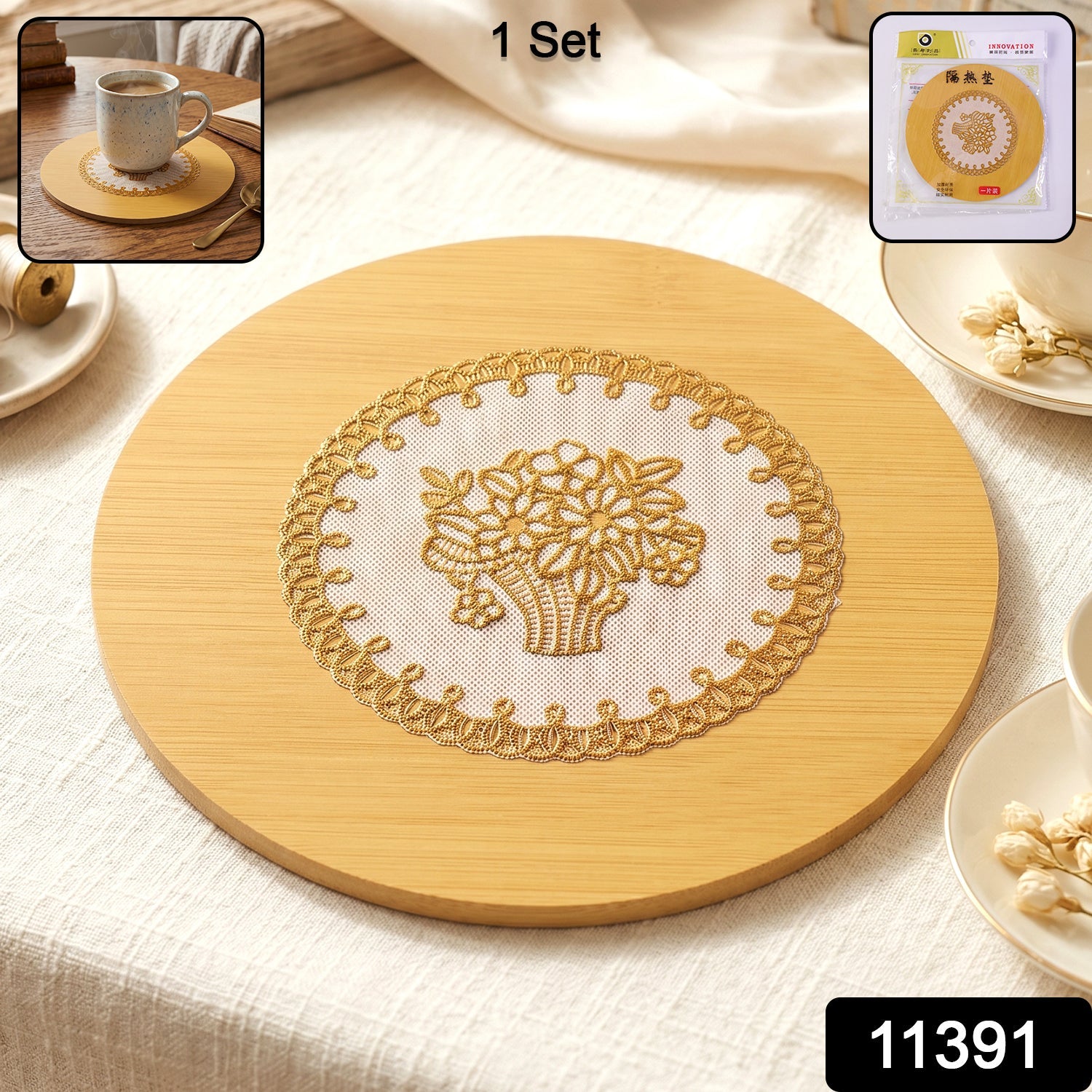 Close-up of natural wooden surface and round shape of the coaster.