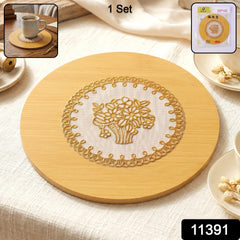 Close-up of natural wooden surface and round shape of the coaster.