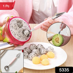 A person uses a pink-handled 2-in-1 tool to scoop dragon fruit balls, with a small inset of carving a melon and text