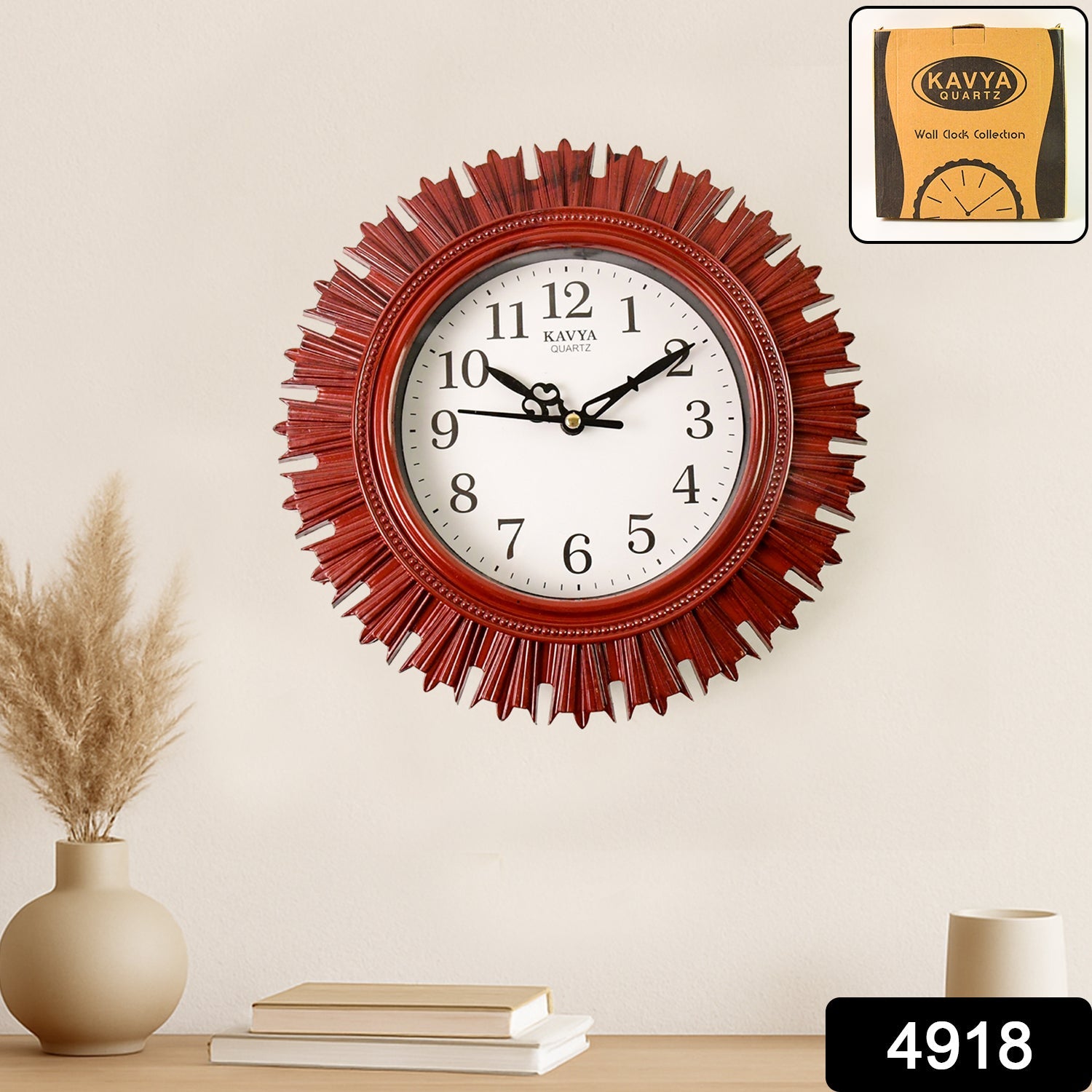 Close-up of wooden look wall clock showing large numerals