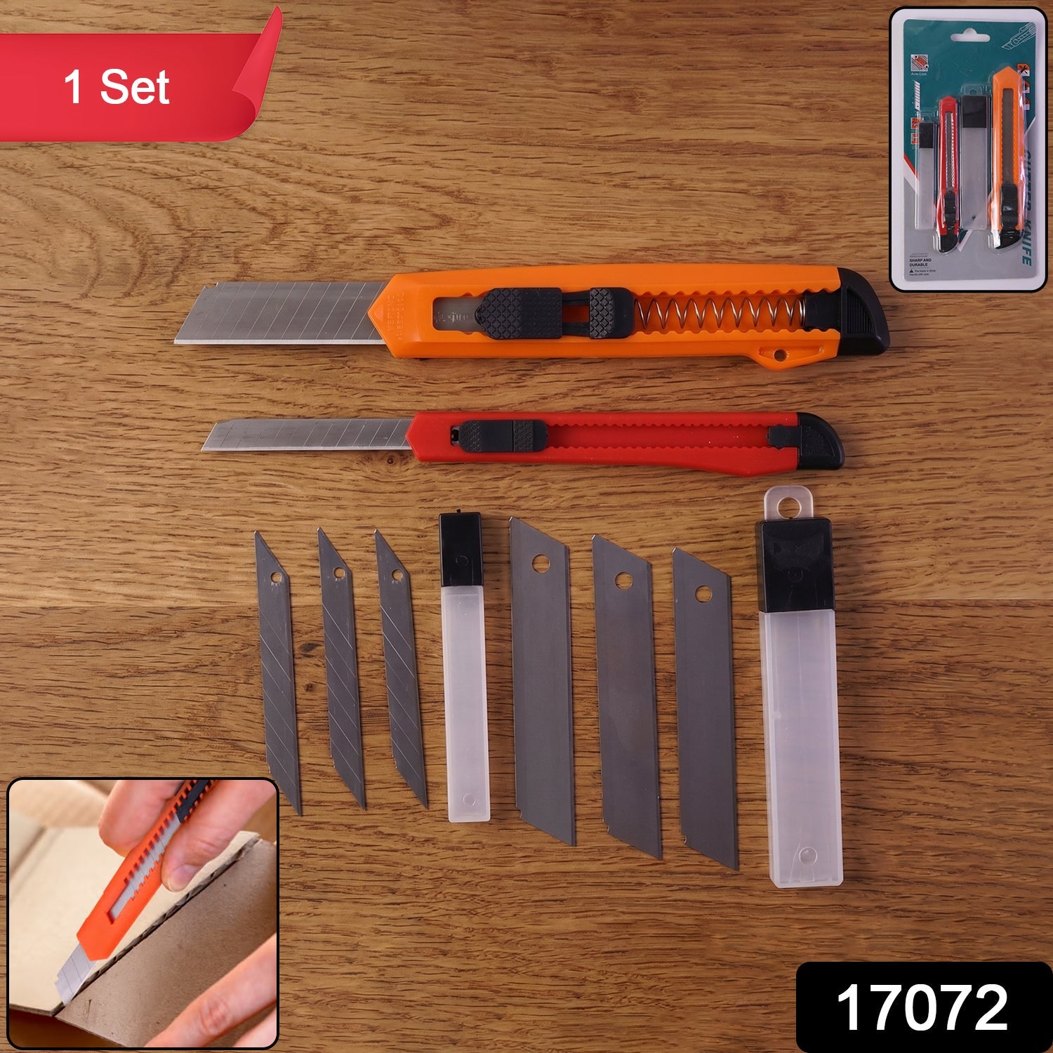 Close-up of the utility knife with secure sliding lock and sharp steel blade.