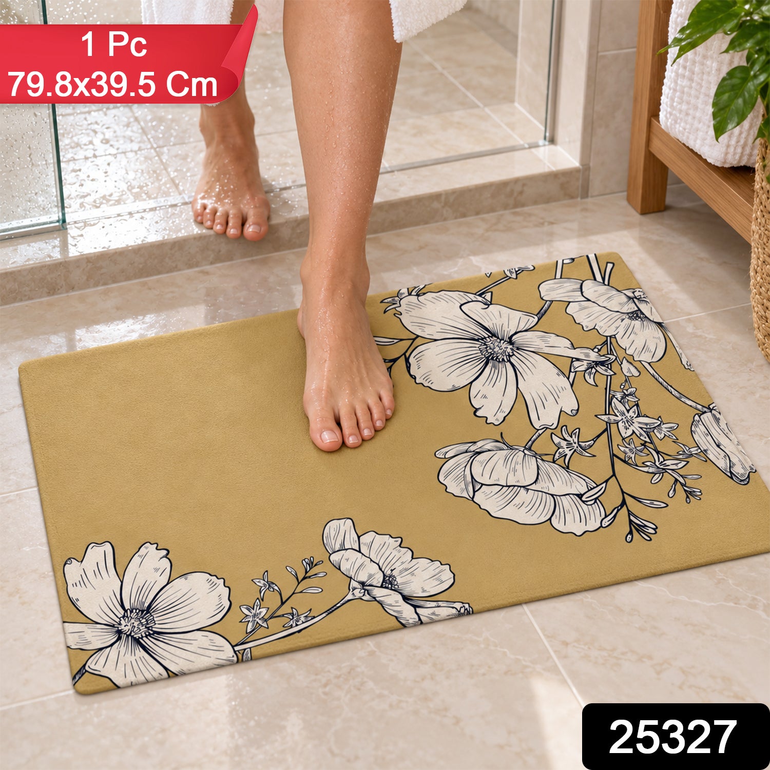 A person's feet are visible on a mustard yellow mat featuring white floral patterns, next to a shower stall.
