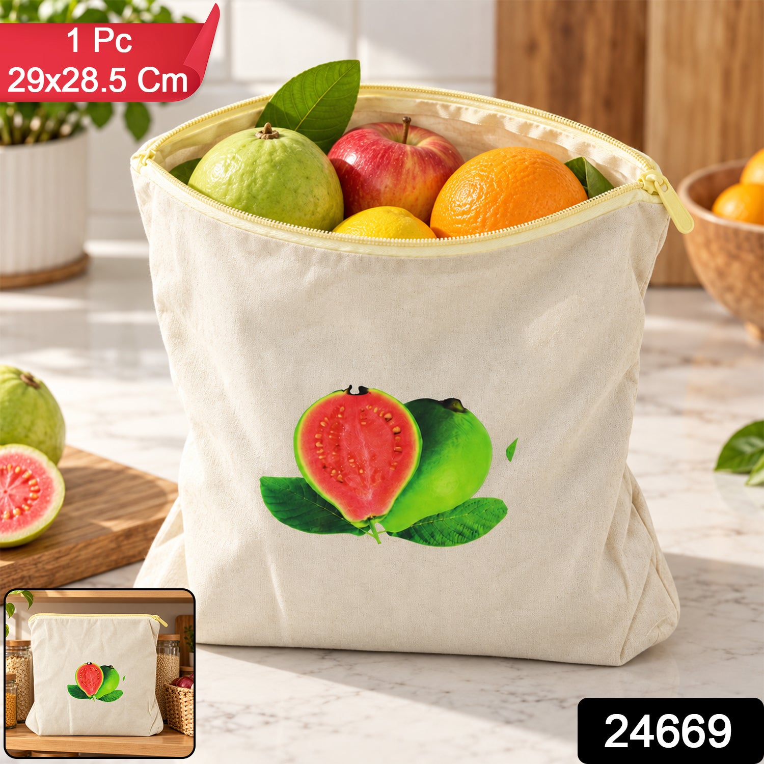 Cream cotton storage bag with a guava print, filled with fresh fruit, with a small inset image.