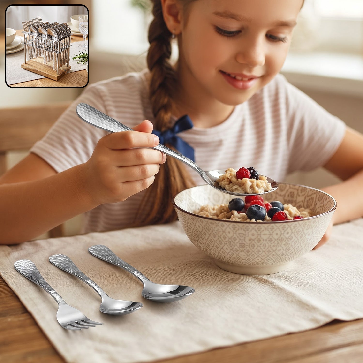 Wooden stand holding the full cutlery set