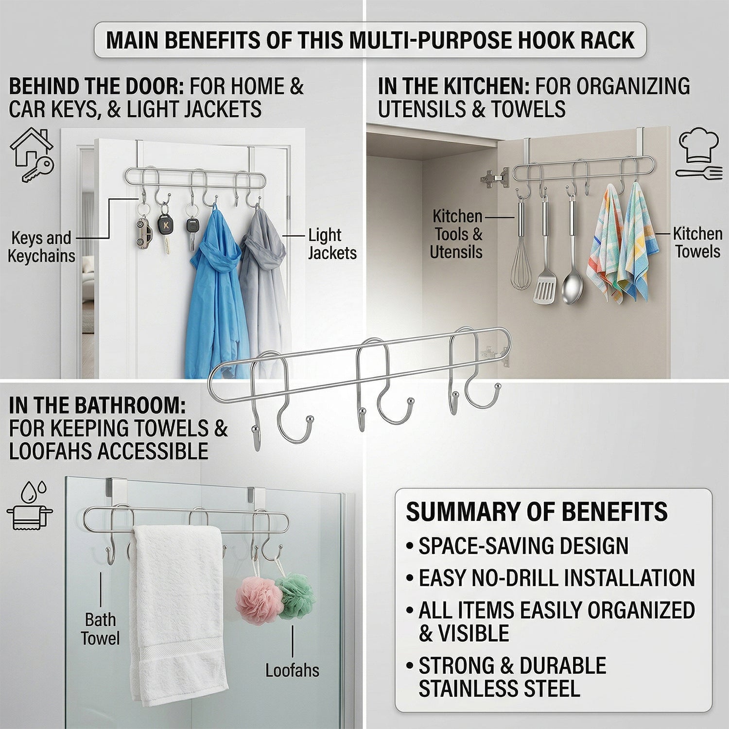 Premium Wall Mounted Metal Multi Hook Rack 1 Pc