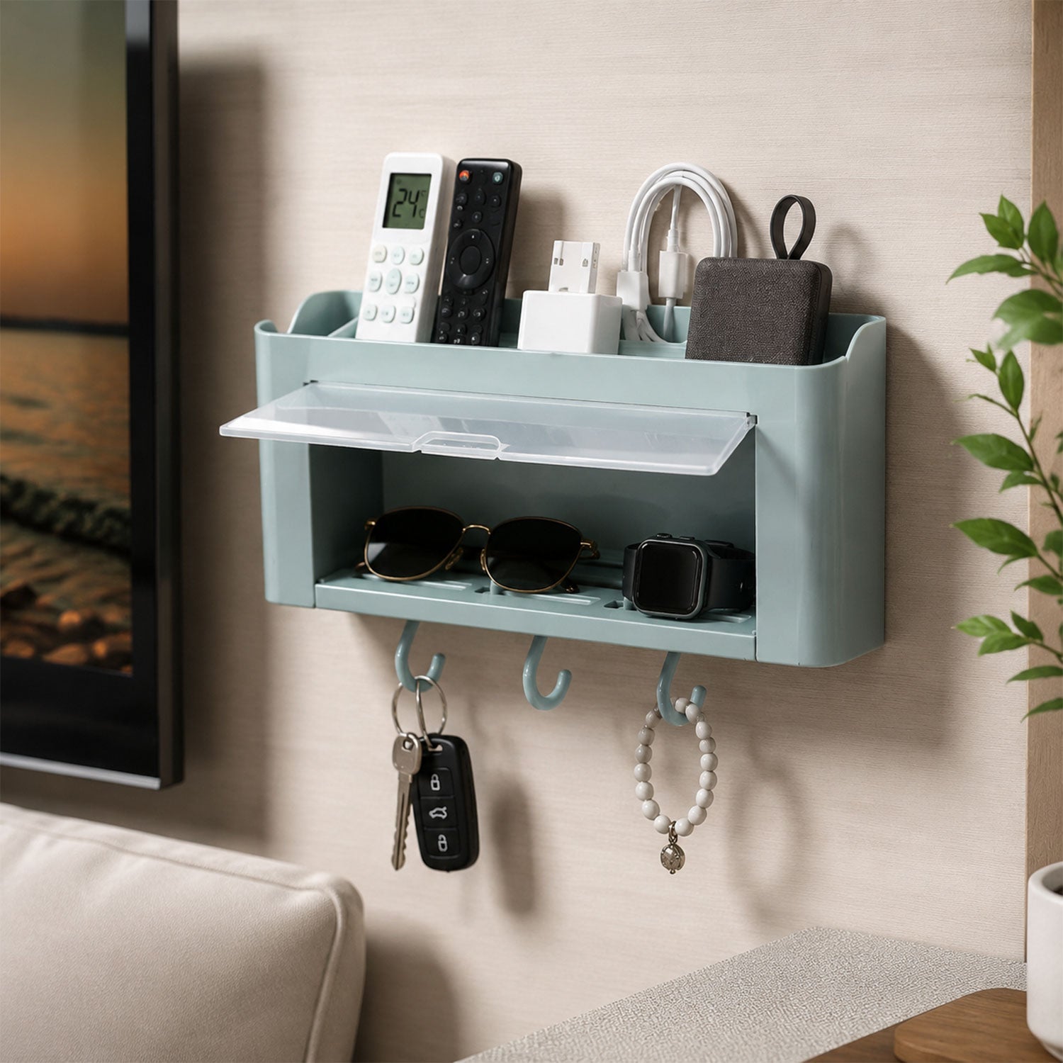 Wall Mounted Multi Storage Organizer Shelf with Hooks for Bathroom (1 Pc)