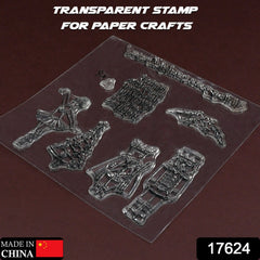 A sheet of clear silicone stamps with various designs, including a ballerina, Christmas tree, and crown, on a dark