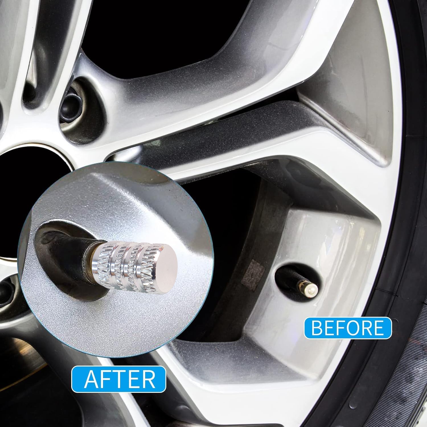 Silver valve caps displaying detailed groove design