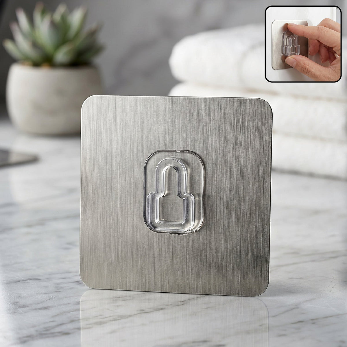 Close-up of adhesive plastic wall hook hanger