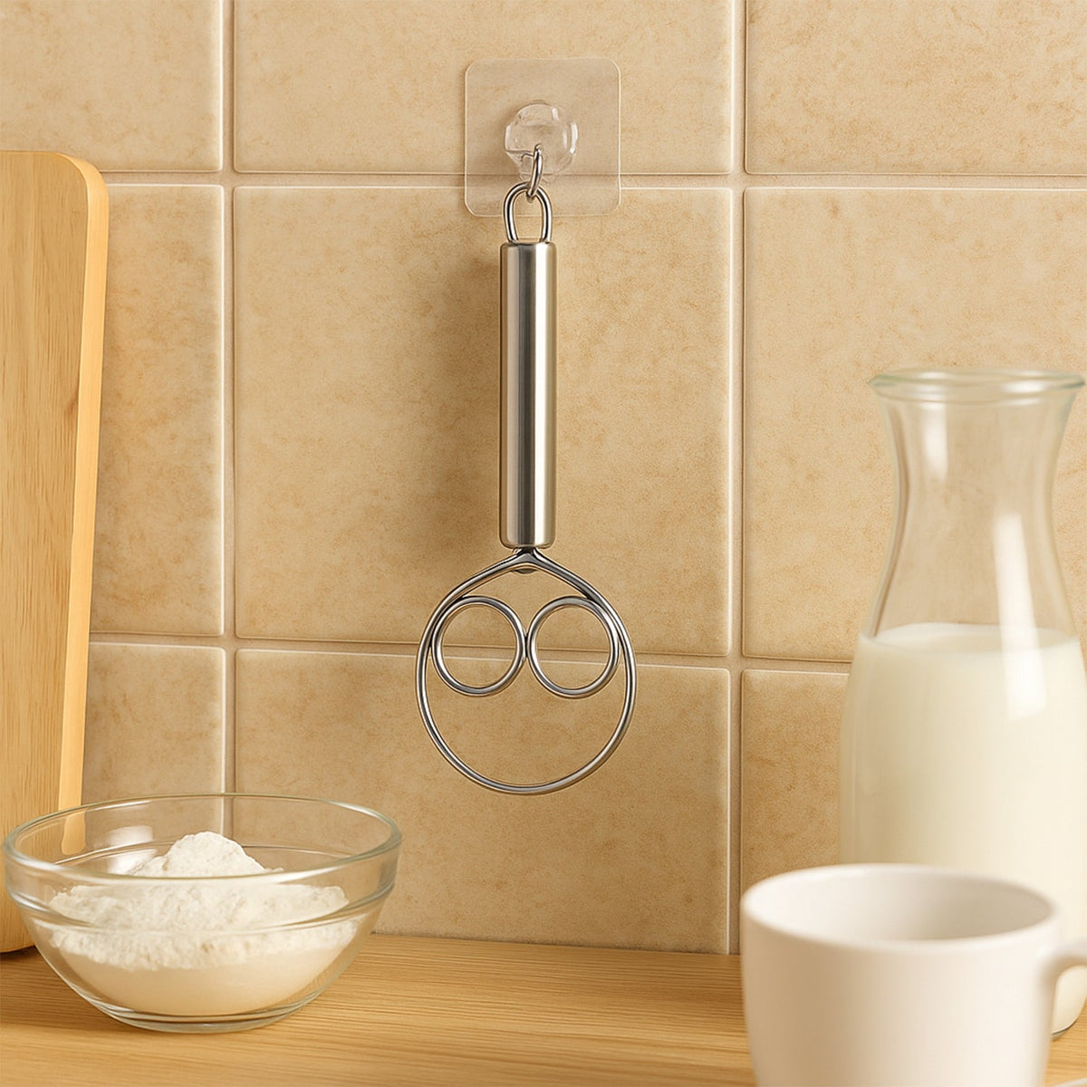 Two whisks hanging on wall hooks