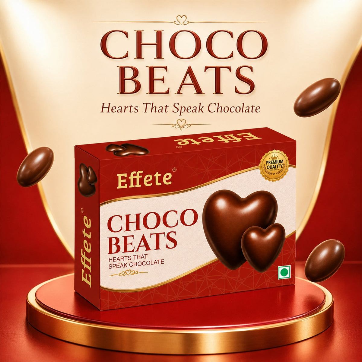 A red and white box of Effete Choco Beats chocolates sits on a golden pedestal with floating chocolate pieces.