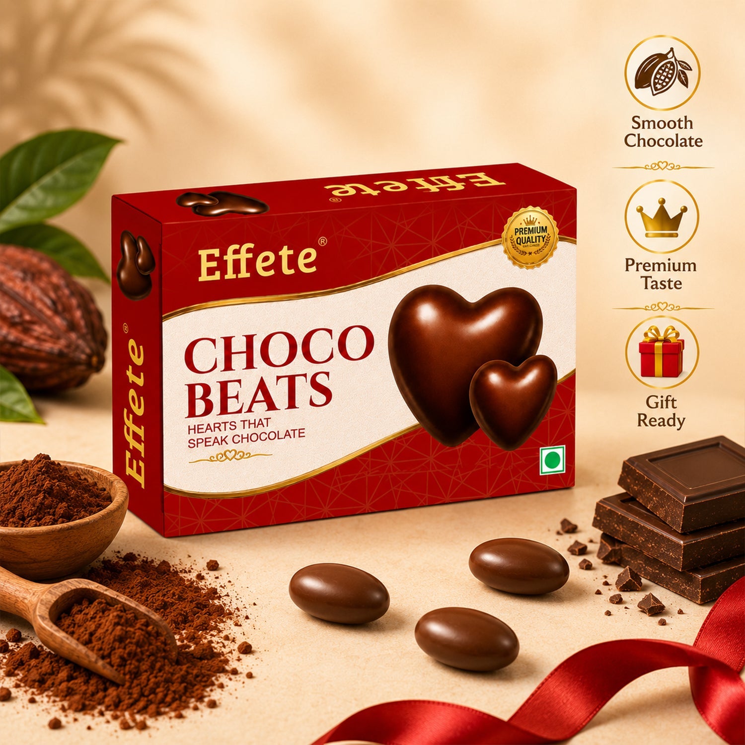 A box of Effete Choco Beats chocolates is surrounded by cocoa beans, powder, chocolate bars, and a red ribbon.