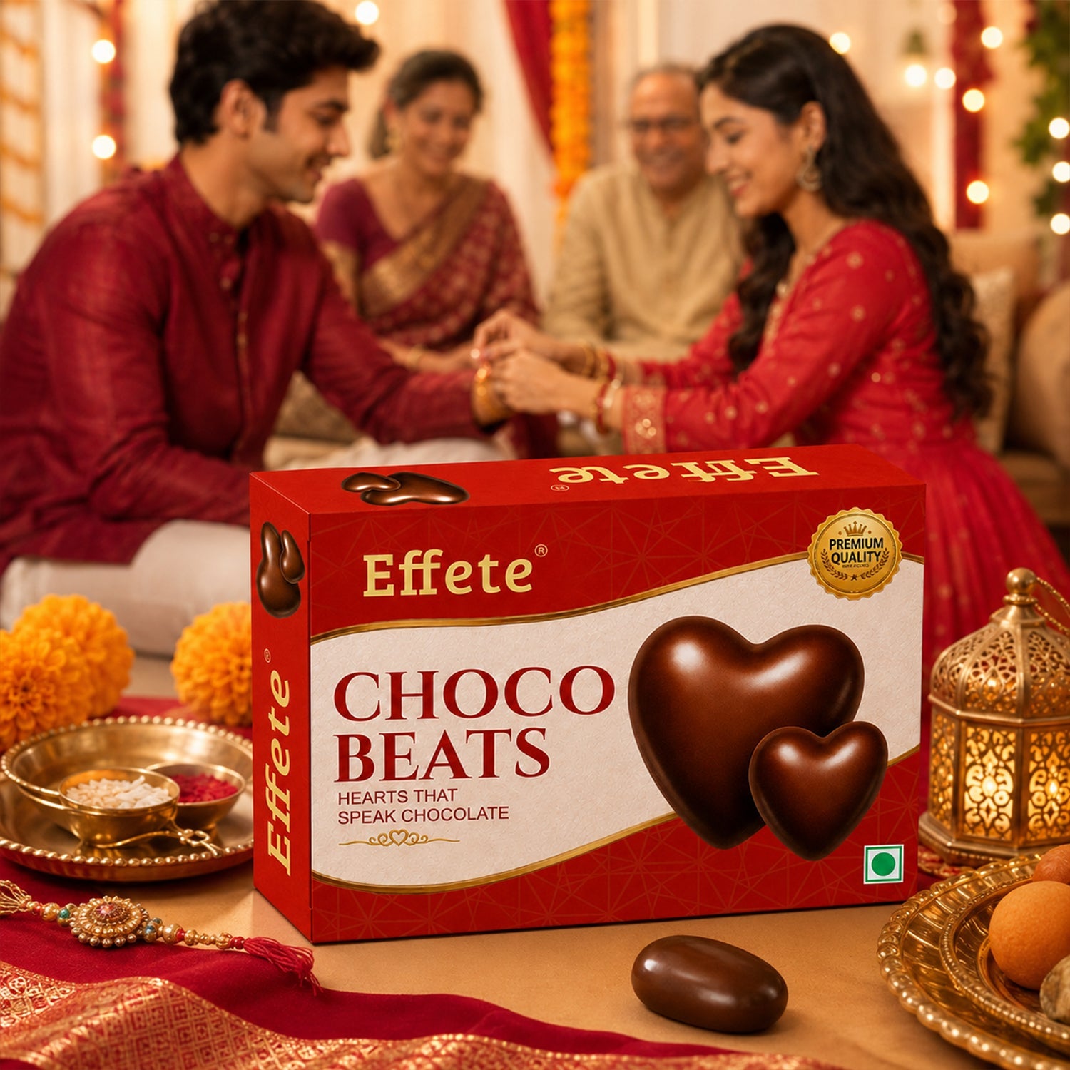 A box of Effete Choco Beats chocolates and a single candy are on a table with blurred people in the background.