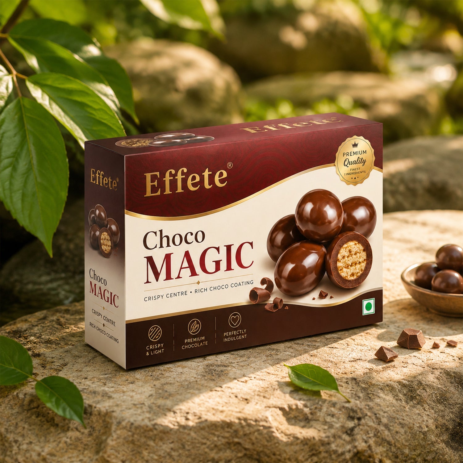 A box of Effete Choco Magic chocolates on a textured stone surface outdoors, surrounded by green foliage and chocolate