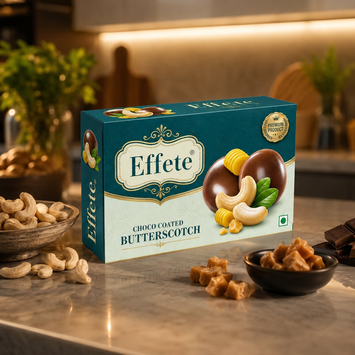 Effete Choco Coated Butterscotch box on a kitchen counter with cashews and butterscotch pieces scattered around.