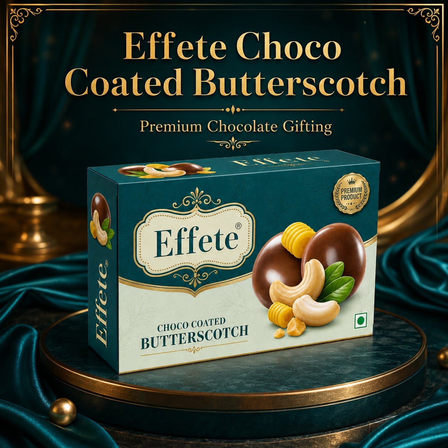 Effete Choco Coated Butterscotch box on a dark green pedestal with gold accents and draped fabric.