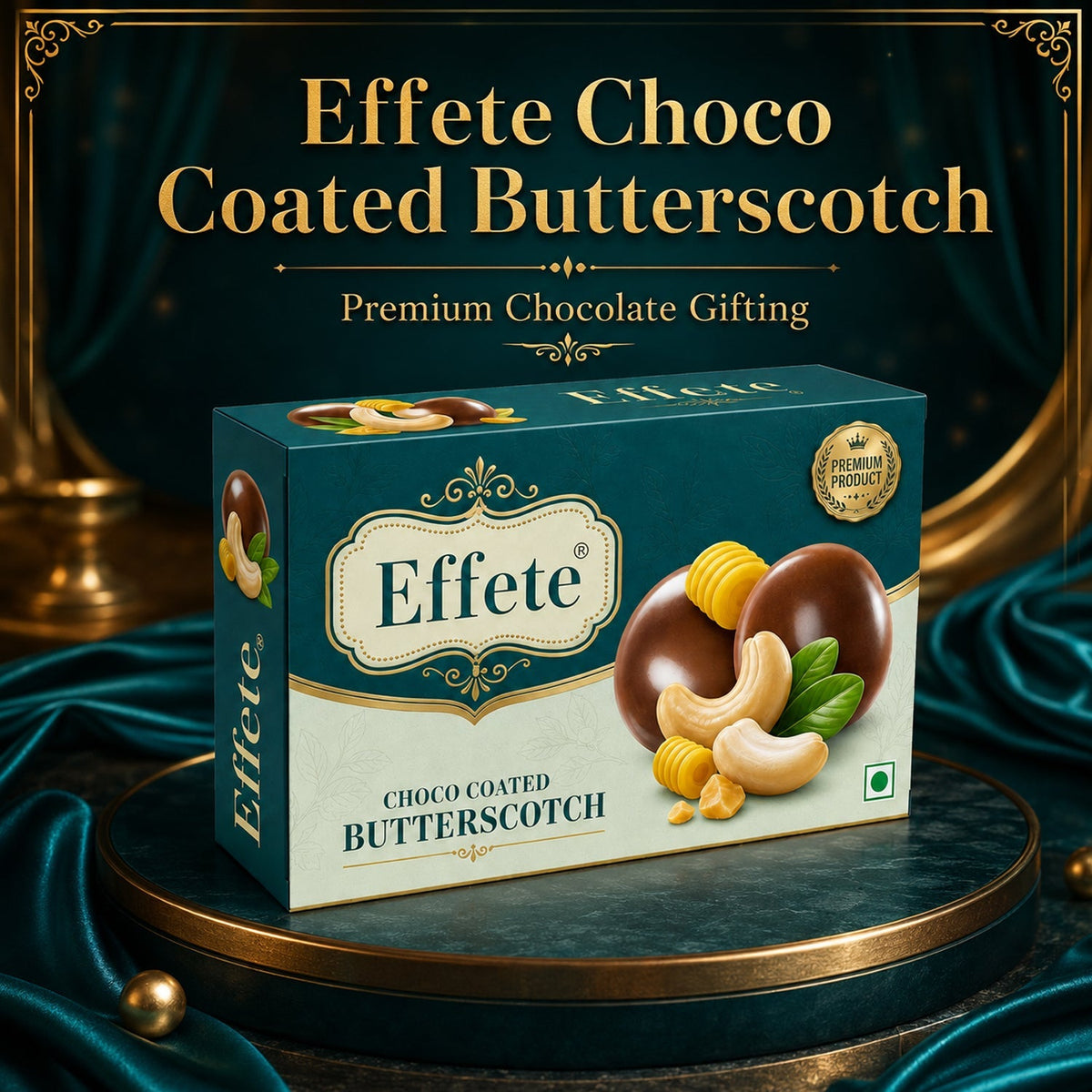 Effete Choco Coated Butterscotch box on a dark green pedestal with gold accents and draped fabric.