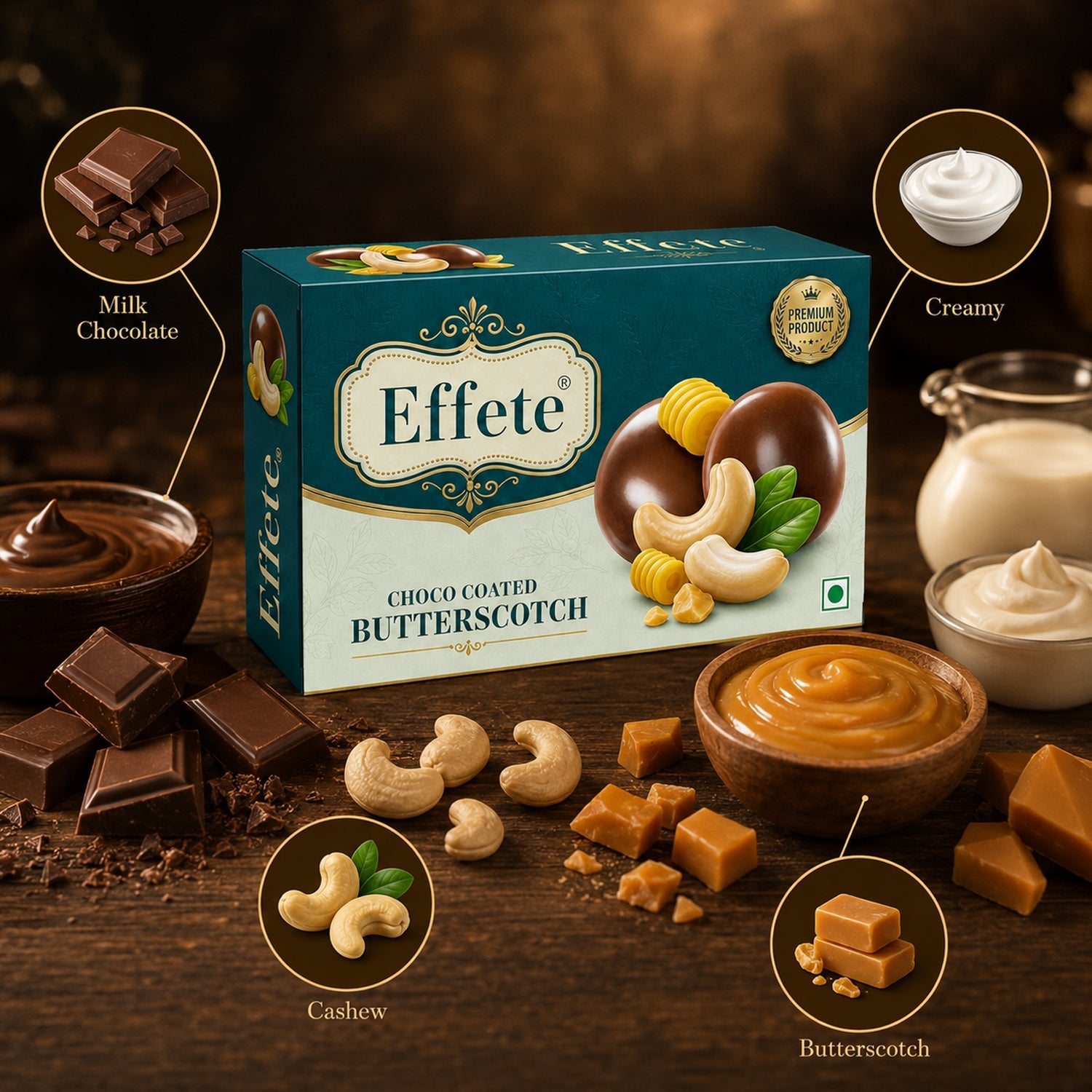 Effete Choco Coated Butterscotch box surrounded by bowls of ingredients like milk chocolate, cashew, and butterscotch.